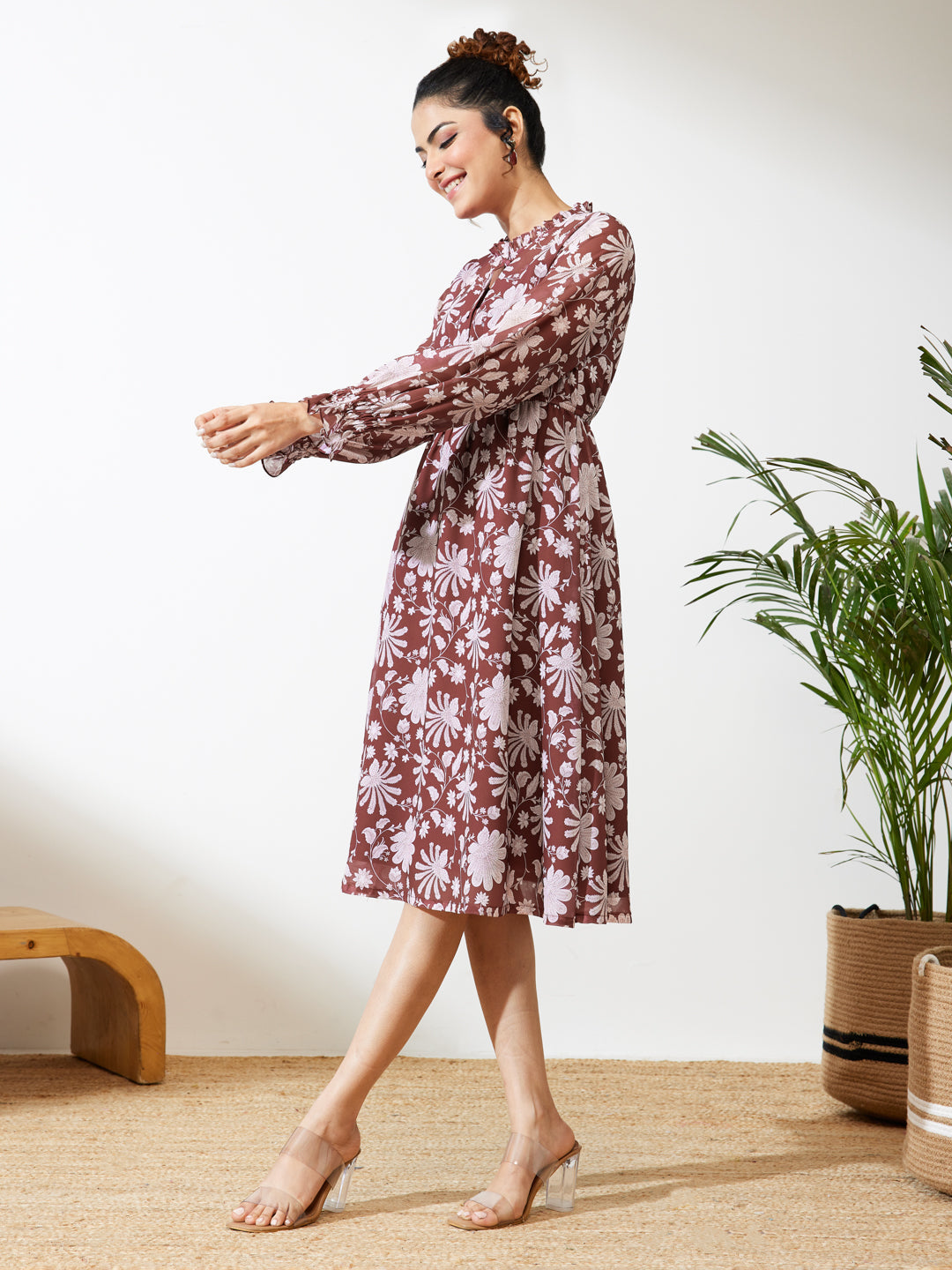 Janasya Burgundy Fit & Flare Georgette Dress | Grocsy