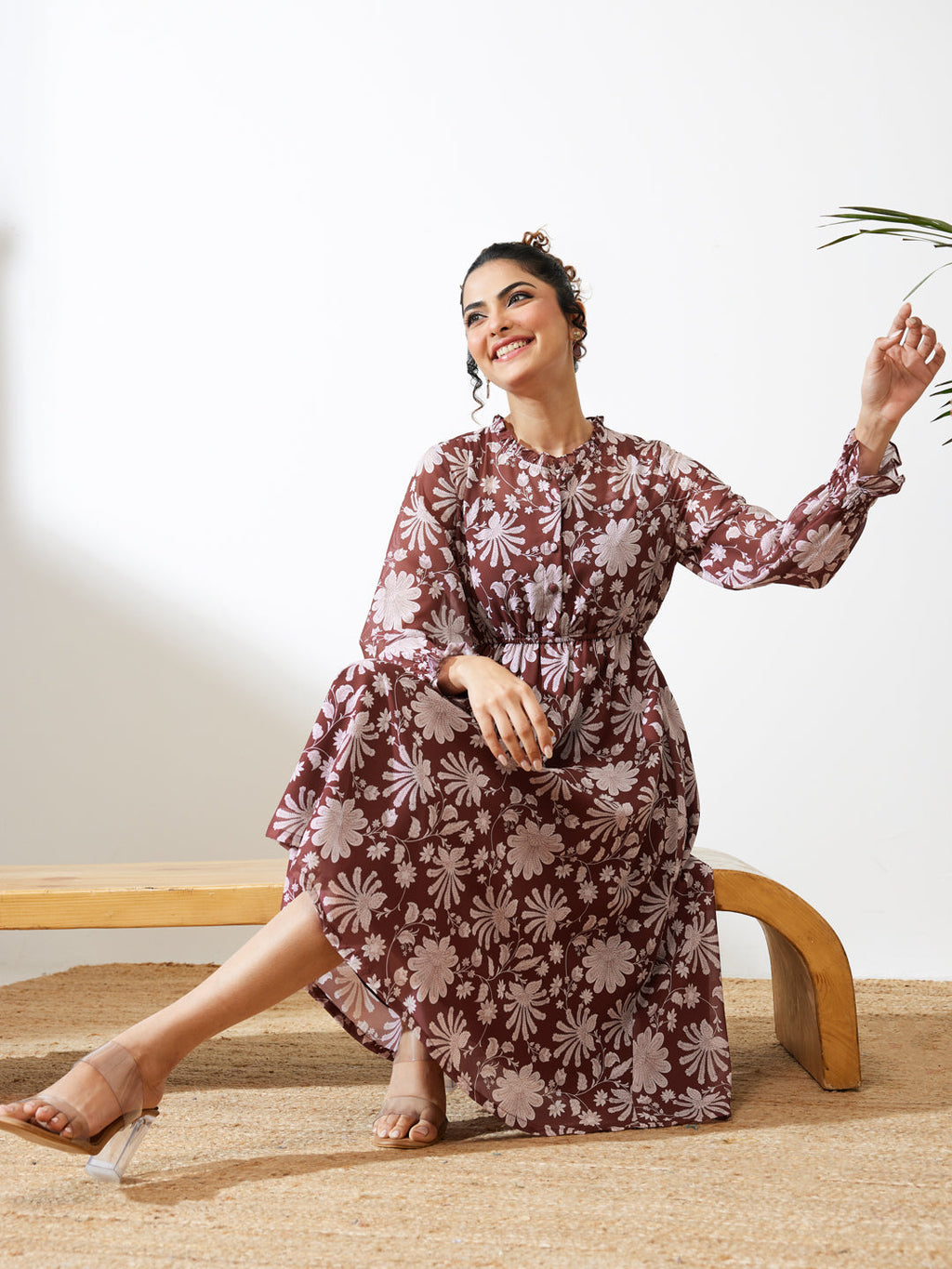 Janasya Burgundy Fit & Flare Georgette Dress | Grocsy
