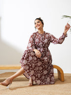 Janasya Burgundy Fit & Flare Georgette Dress | Grocsy