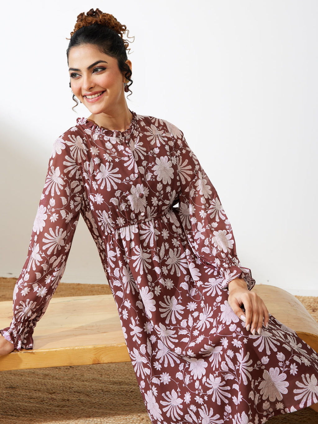 Janasya Burgundy Fit & Flare Georgette Dress | Grocsy