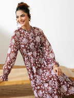 Janasya Burgundy Fit & Flare Georgette Dress | Grocsy