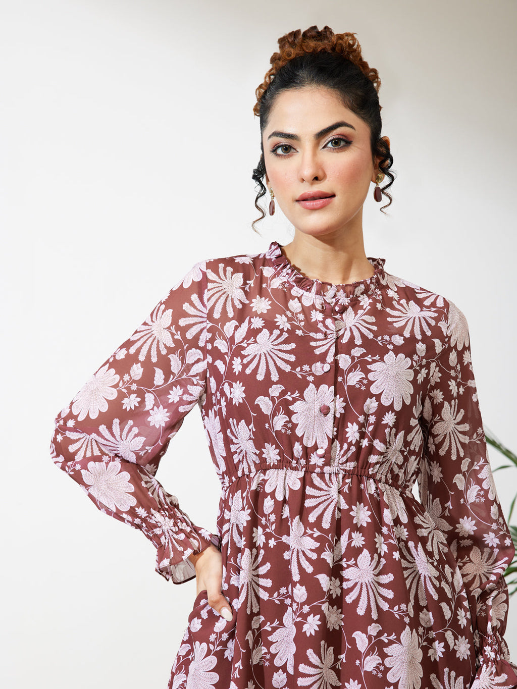 Janasya Burgundy Fit & Flare Georgette Dress | Grocsy