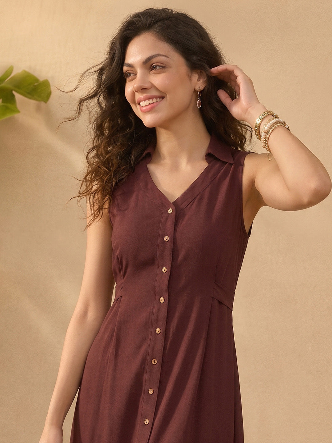 Janasya Brown A-Line Rayon Dress | Grocsy
