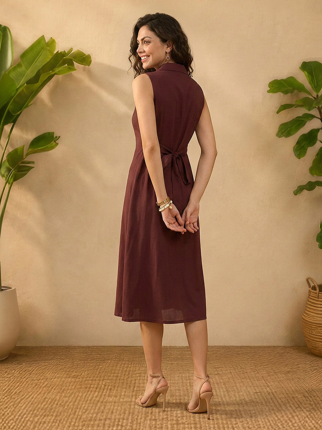 Janasya Brown A-Line Rayon Dress | Grocsy