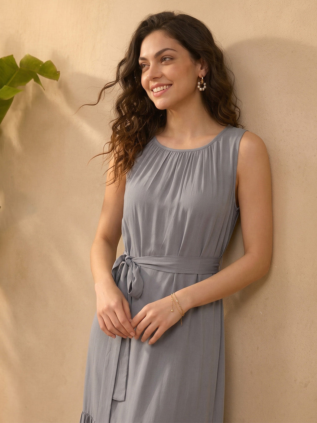 Janasya Grey Fit & Flare Rayon Dress | Grocsy