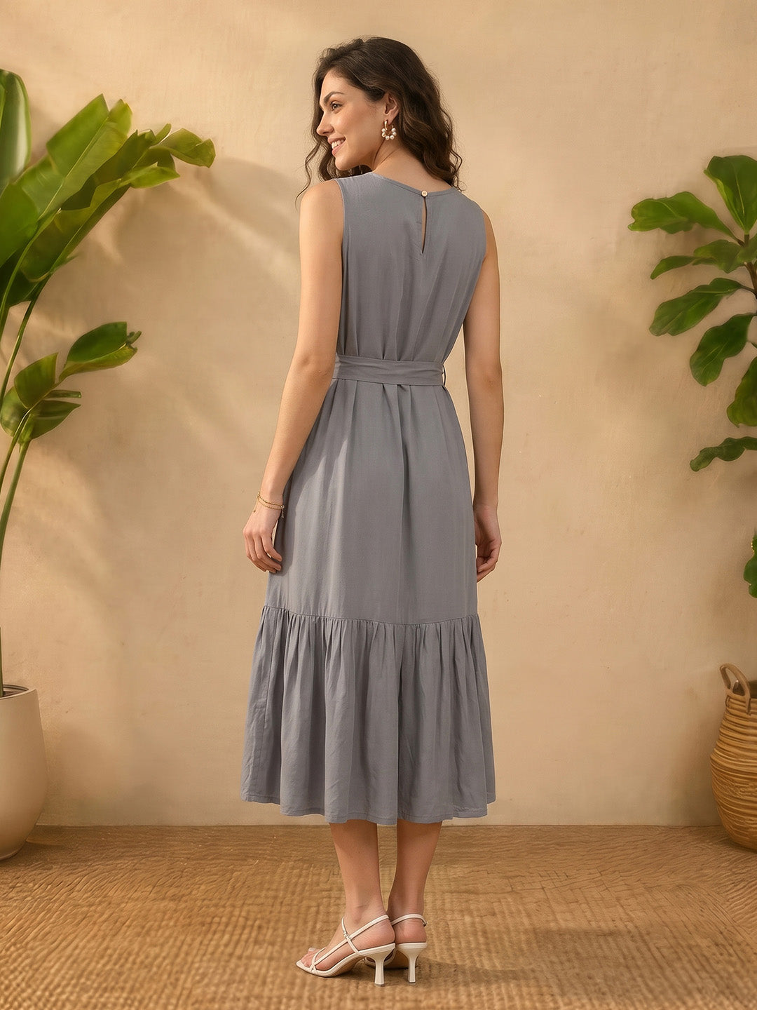 Janasya Grey Fit & Flare Rayon Dress | Grocsy