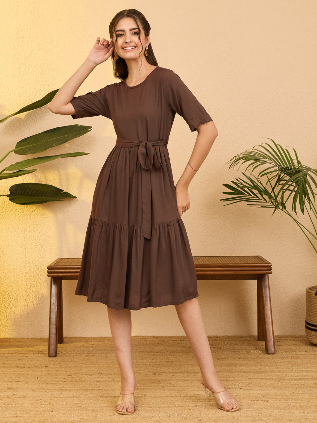 Janasya Brown Fit & Flare Rayon Dress | Grocsy
