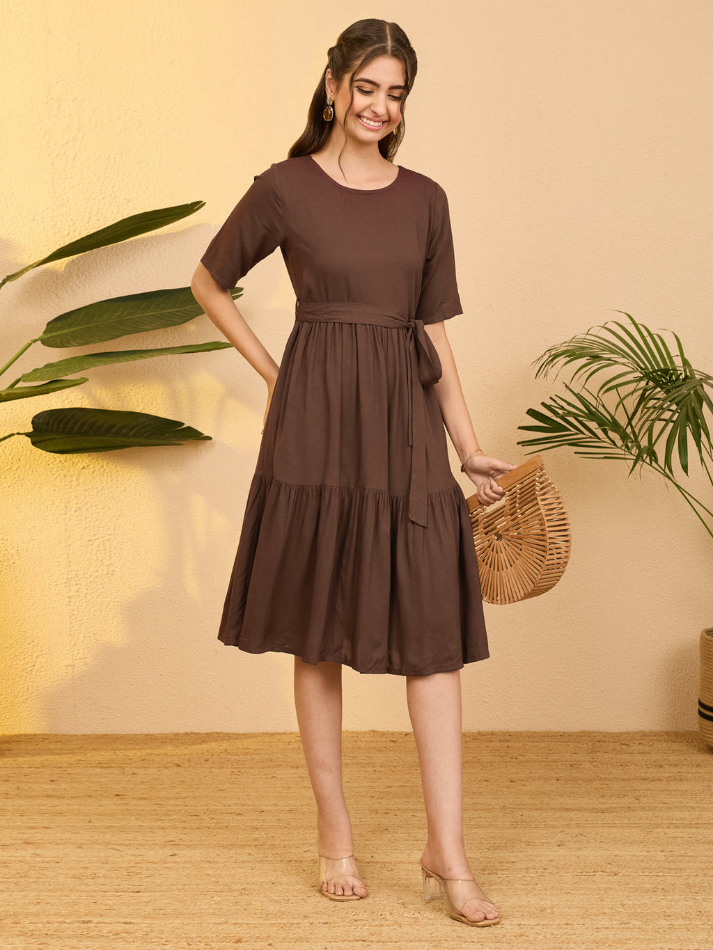 Janasya Brown Fit & Flare Rayon Dress | Grocsy