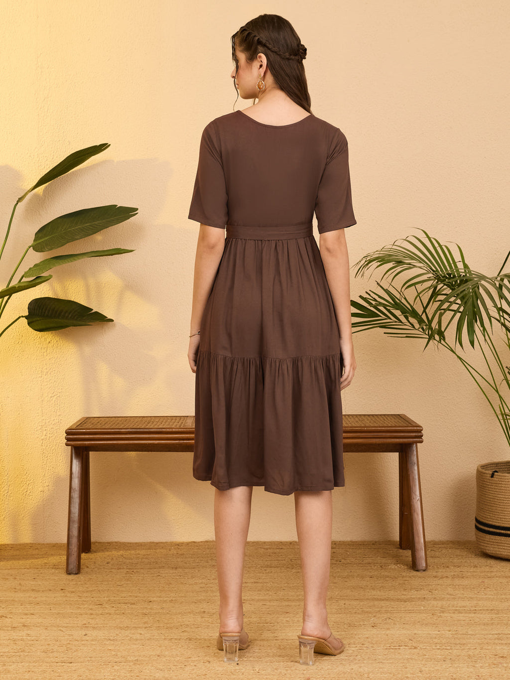 Janasya Brown Fit & Flare Rayon Dress | Grocsy