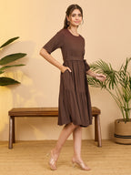 Janasya Brown Fit & Flare Rayon Dress | Grocsy