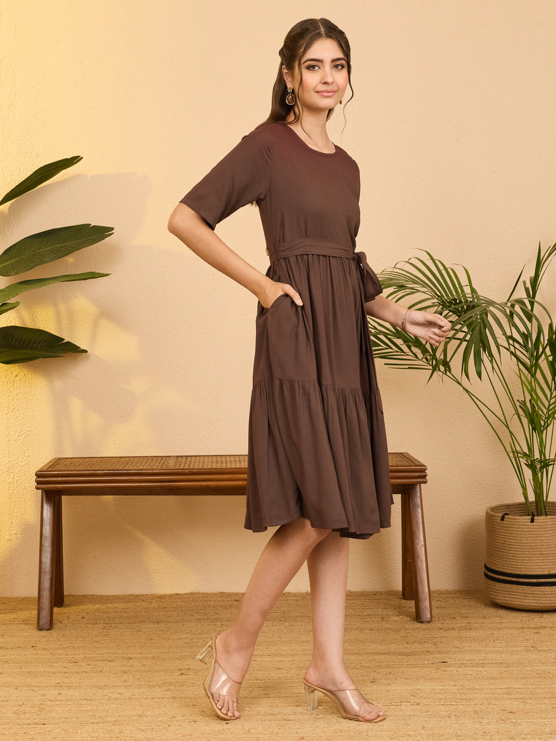 Janasya Brown Fit & Flare Rayon Dress | Grocsy