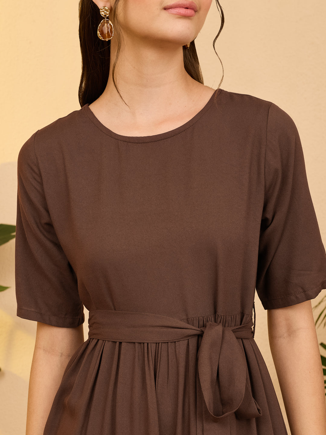Janasya Brown Fit & Flare Rayon Dress | Grocsy