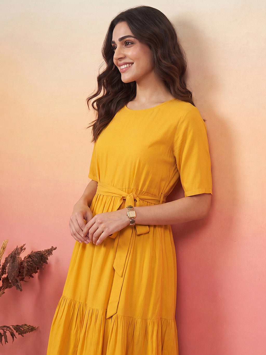 Janasya Yellow Fit & Flare Rayon Dress | Grocsy