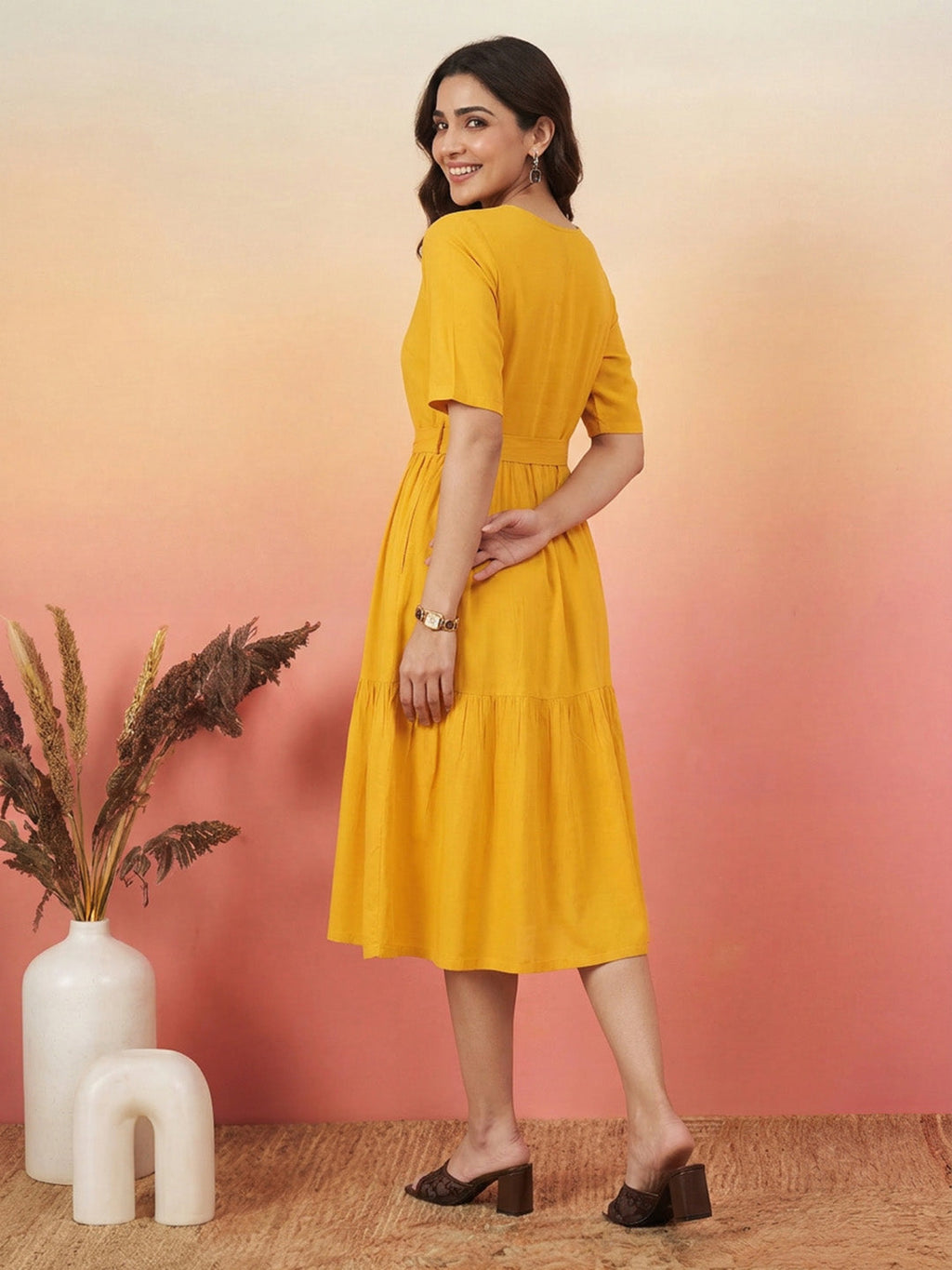 Janasya Yellow Fit & Flare Rayon Dress | Grocsy