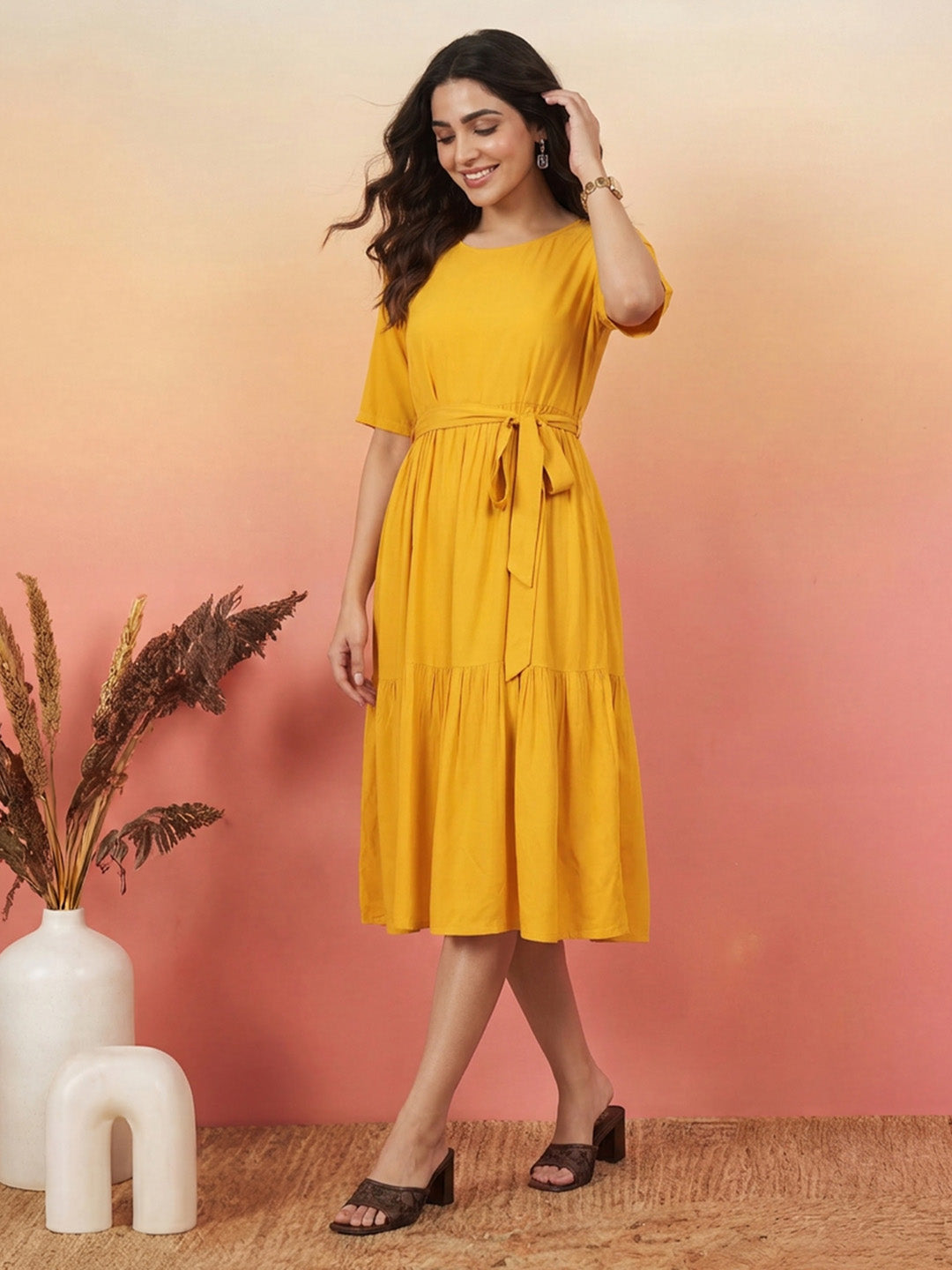 Janasya Yellow Fit & Flare Rayon Dress | Grocsy