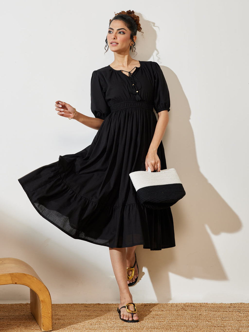 Janasya Black Fit & Flare Cotton Dress | Grocsy
