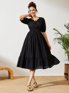 Janasya Black Fit & Flare Cotton Dress | Grocsy