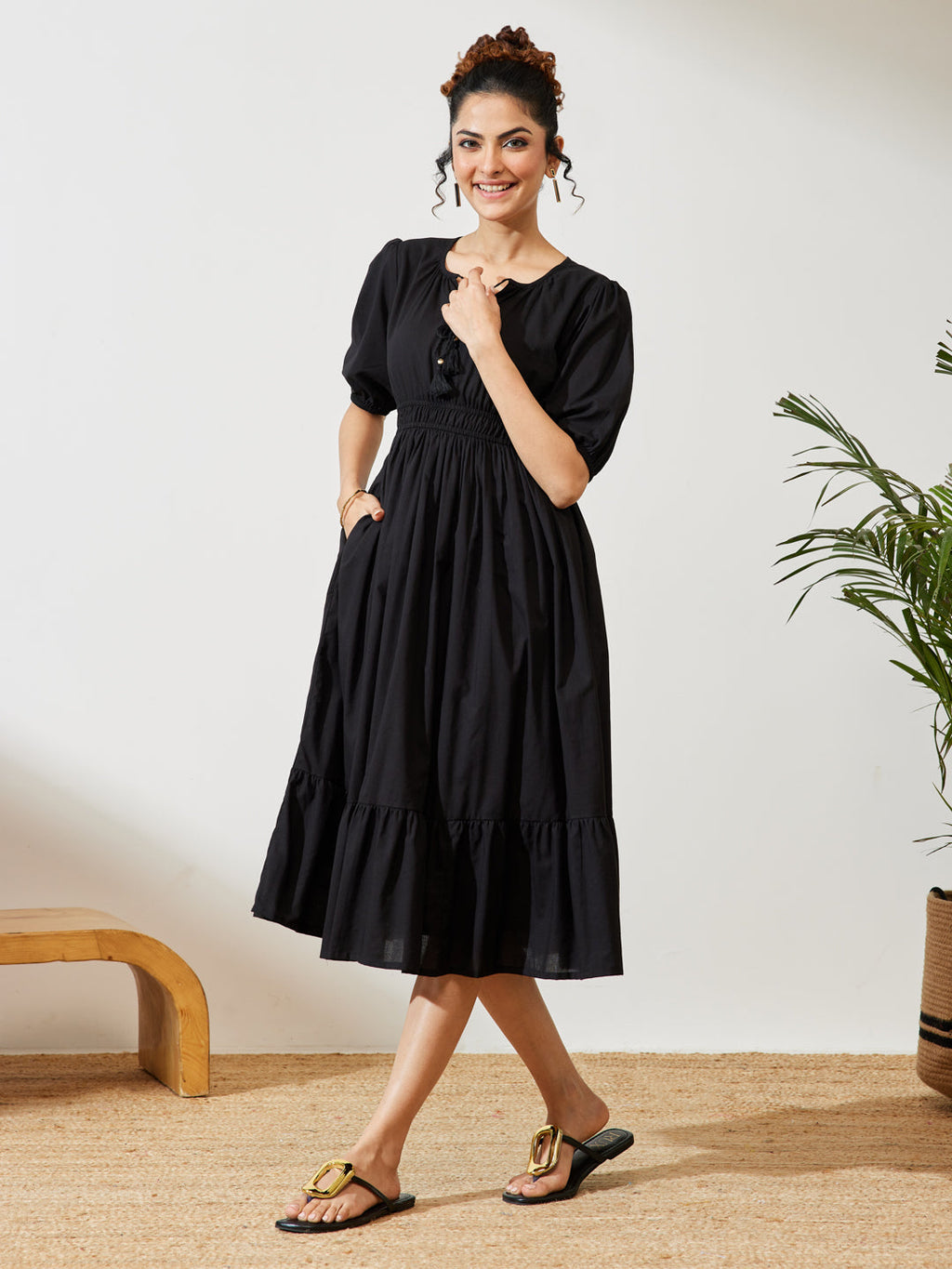 Janasya Black Fit & Flare Cotton Dress | Grocsy