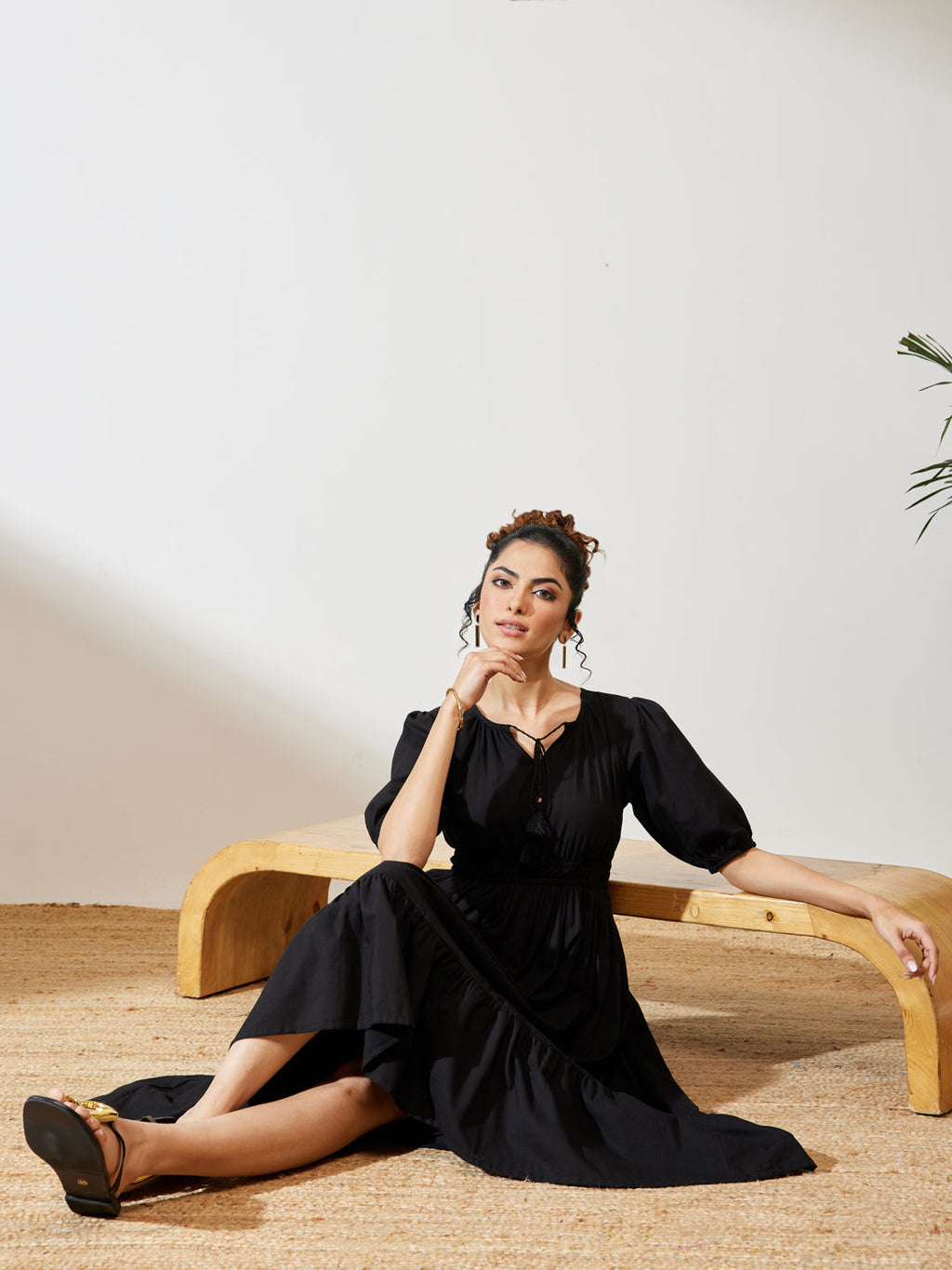 Janasya Black Fit & Flare Cotton Dress | Grocsy
