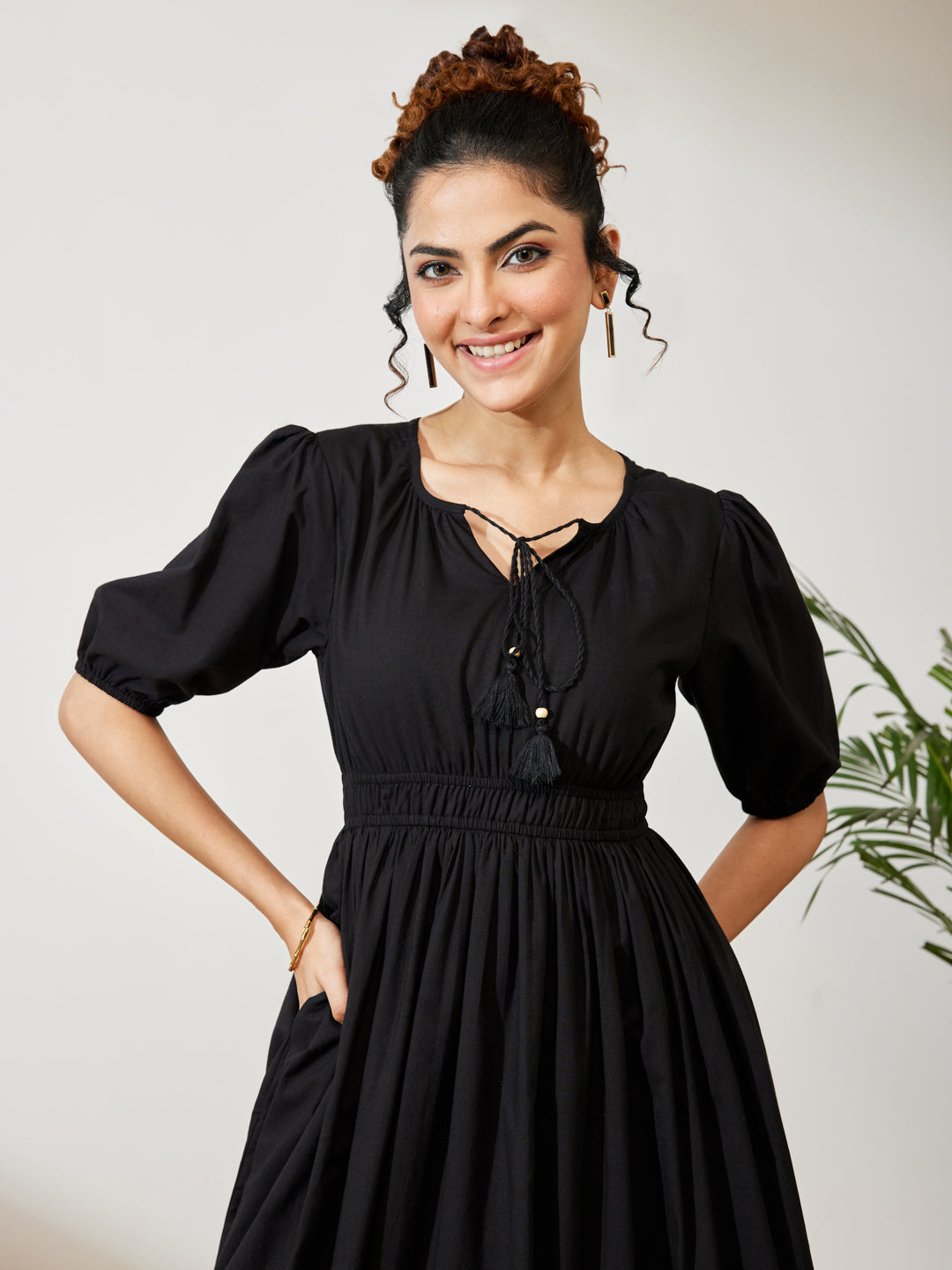 Janasya Black Fit & Flare Cotton Dress | Grocsy