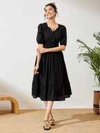 Janasya Black Fit & Flare Cotton Dress | Grocsy
