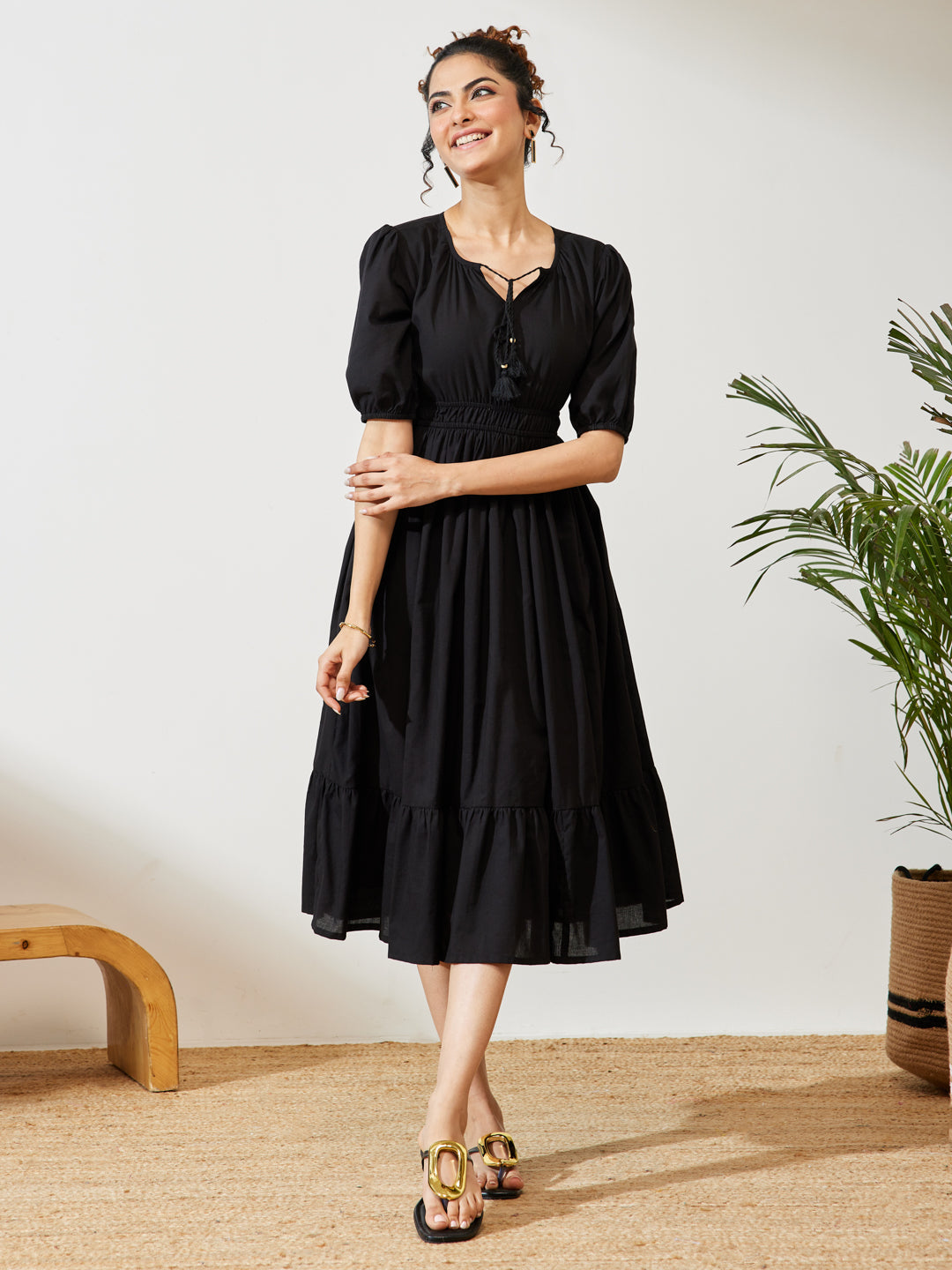Janasya Black Fit & Flare Cotton Dress | Grocsy