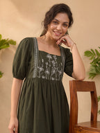 Janasya Olive A-Line Cotton Dress | Grocsy