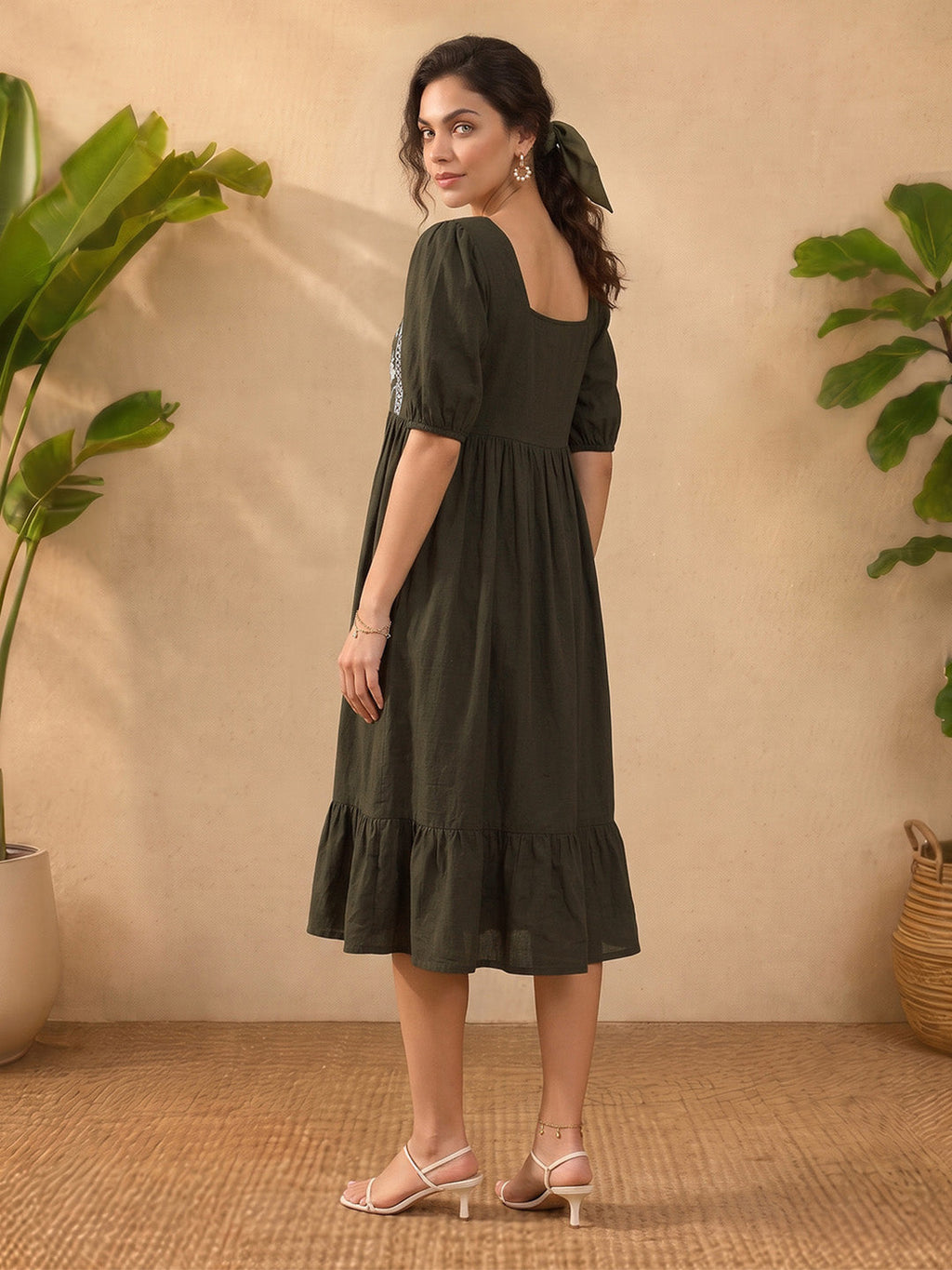 Janasya Olive A-Line Cotton Dress | Grocsy