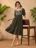 Janasya Olive A-Line Cotton Dress | Grocsy