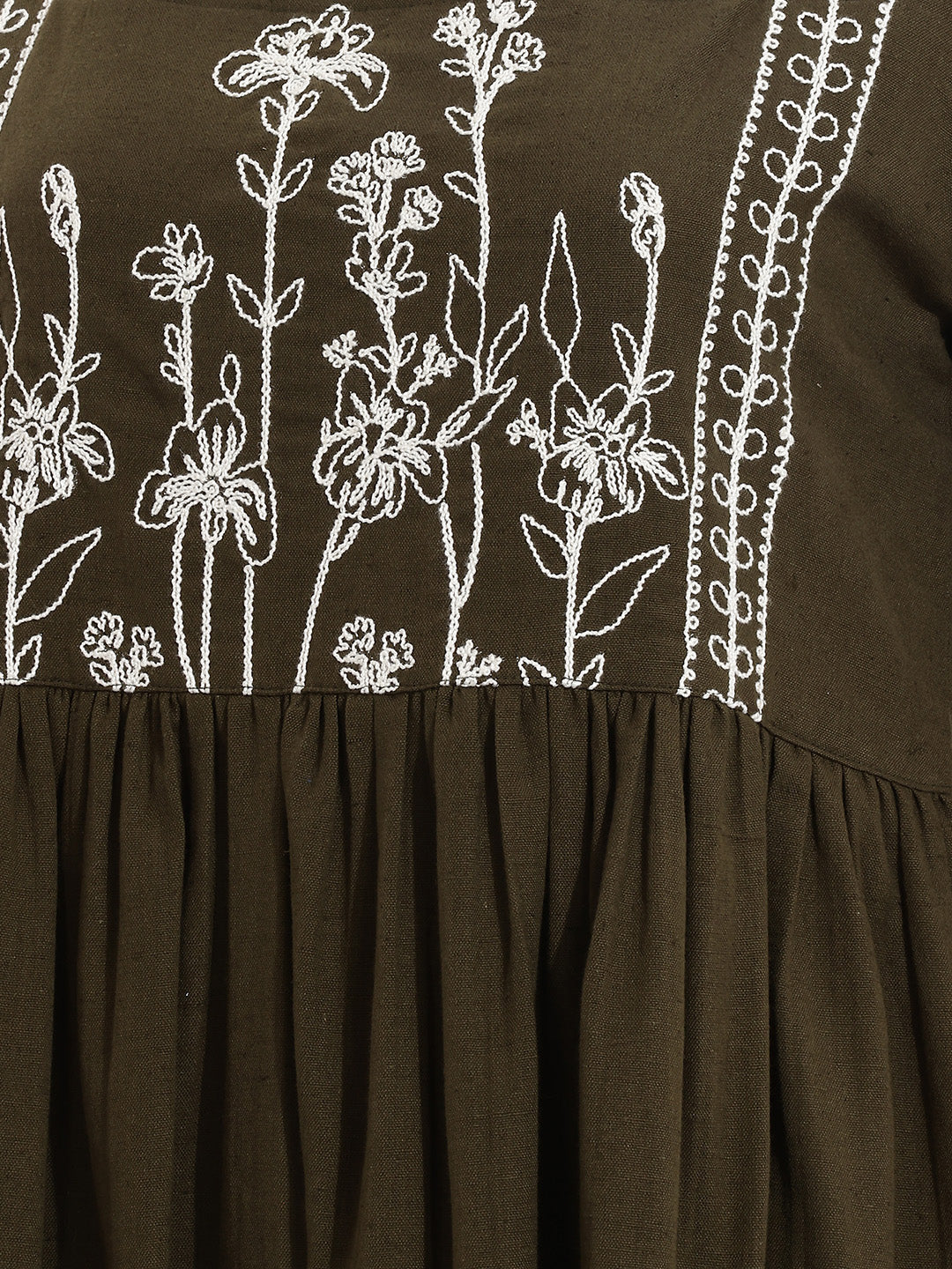 Janasya Olive A-Line Cotton Dress | Grocsy