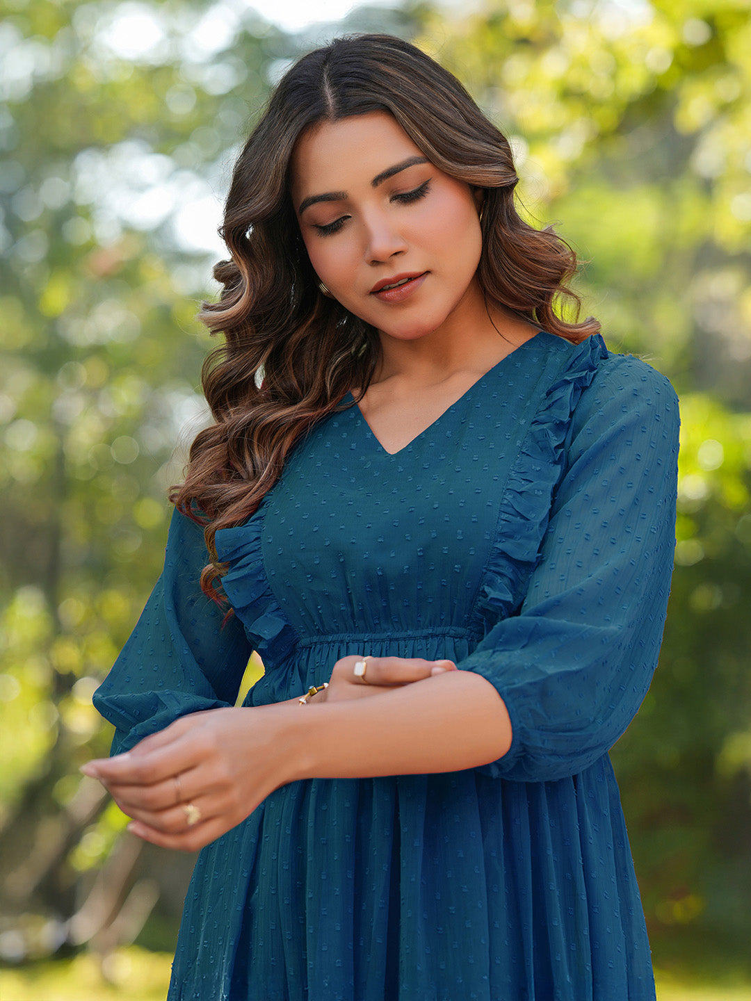 Janasya Teal Gathered Dobby Chiffon Dress | Grocsy