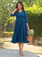 Janasya Teal Gathered Dobby Chiffon Dress | Grocsy