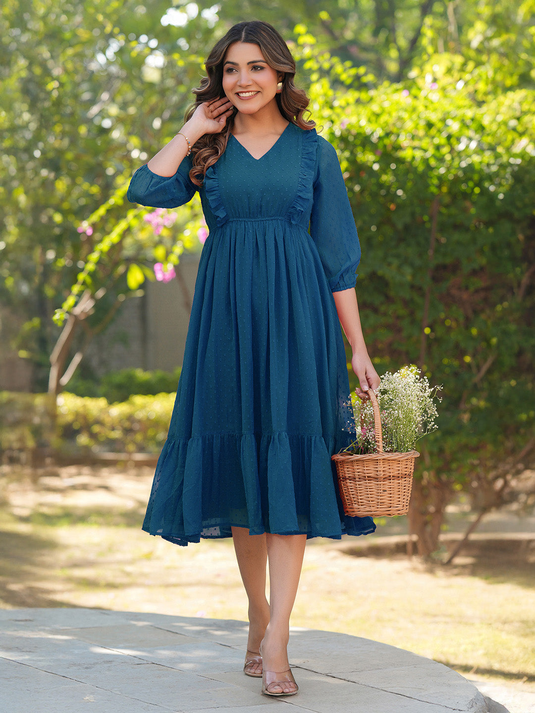 Janasya Teal Gathered Dobby Chiffon Dress | Grocsy