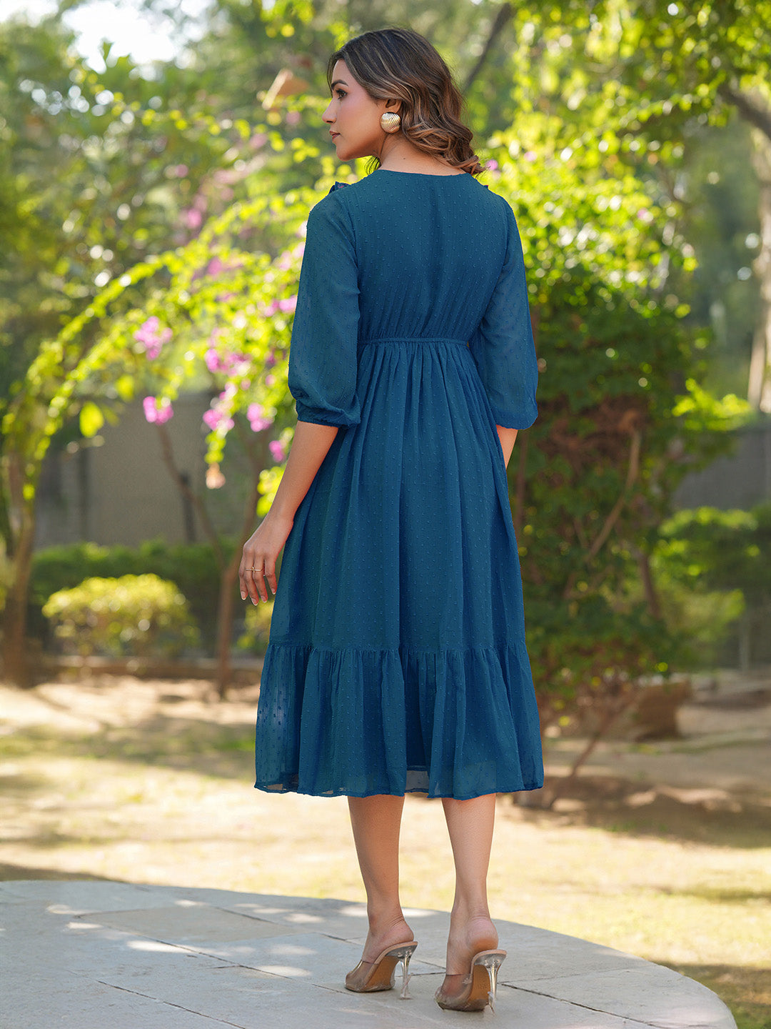 Janasya Teal Gathered Dobby Chiffon Dress | Grocsy