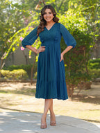 Janasya Teal Gathered Dobby Chiffon Dress | Grocsy