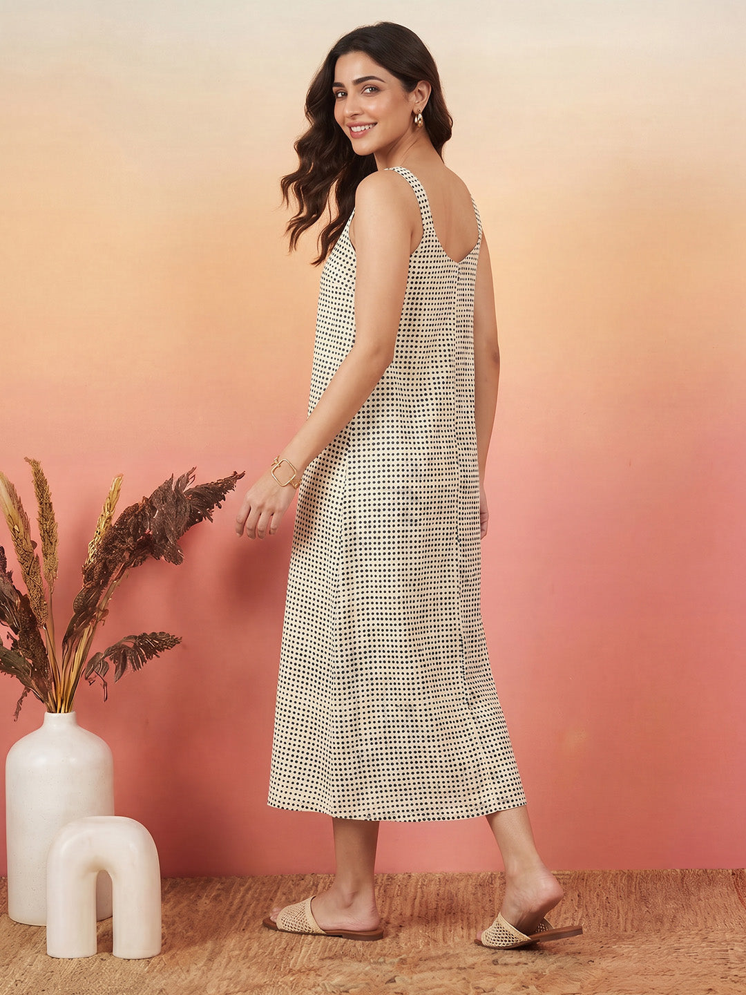 Janasya Cream A-Line Cotton Dress | Grocsy