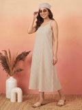 Janasya Cream A-Line Cotton Dress | Grocsy
