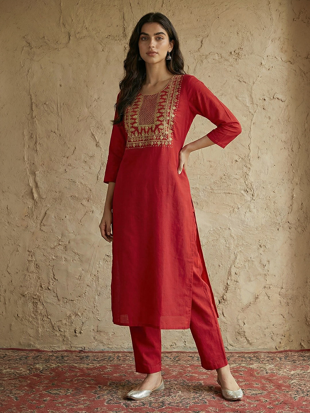 Janasya Red Straight Cotton Kurta & Bottom | Grocsy