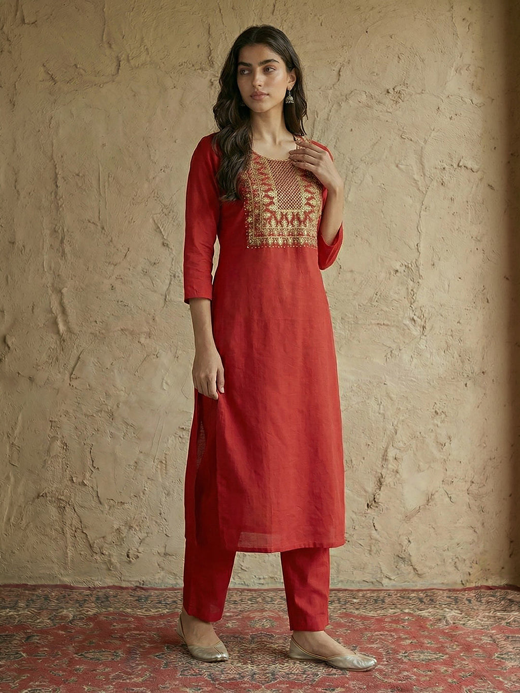 Janasya Red Straight Cotton Kurta & Bottom | Grocsy