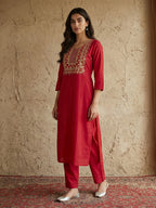 Janasya Red Straight Cotton Kurta & Bottom | Grocsy