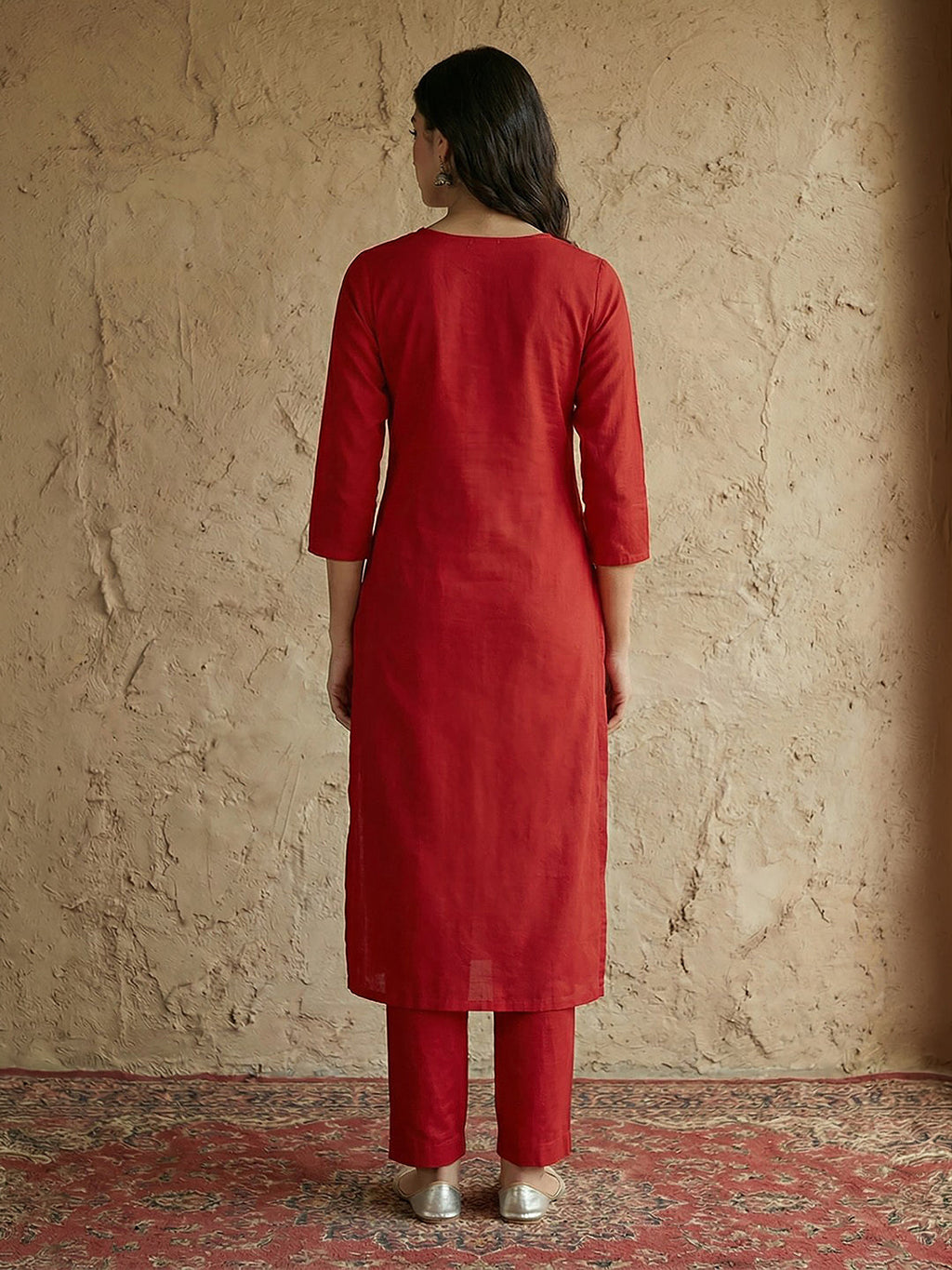 Janasya Red Straight Cotton Kurta & Bottom | Grocsy
