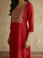 Janasya Red Straight Cotton Kurta & Bottom | Grocsy