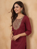 Janasya Maroon Straight Cotton Kurta & Bottom | Grocsy