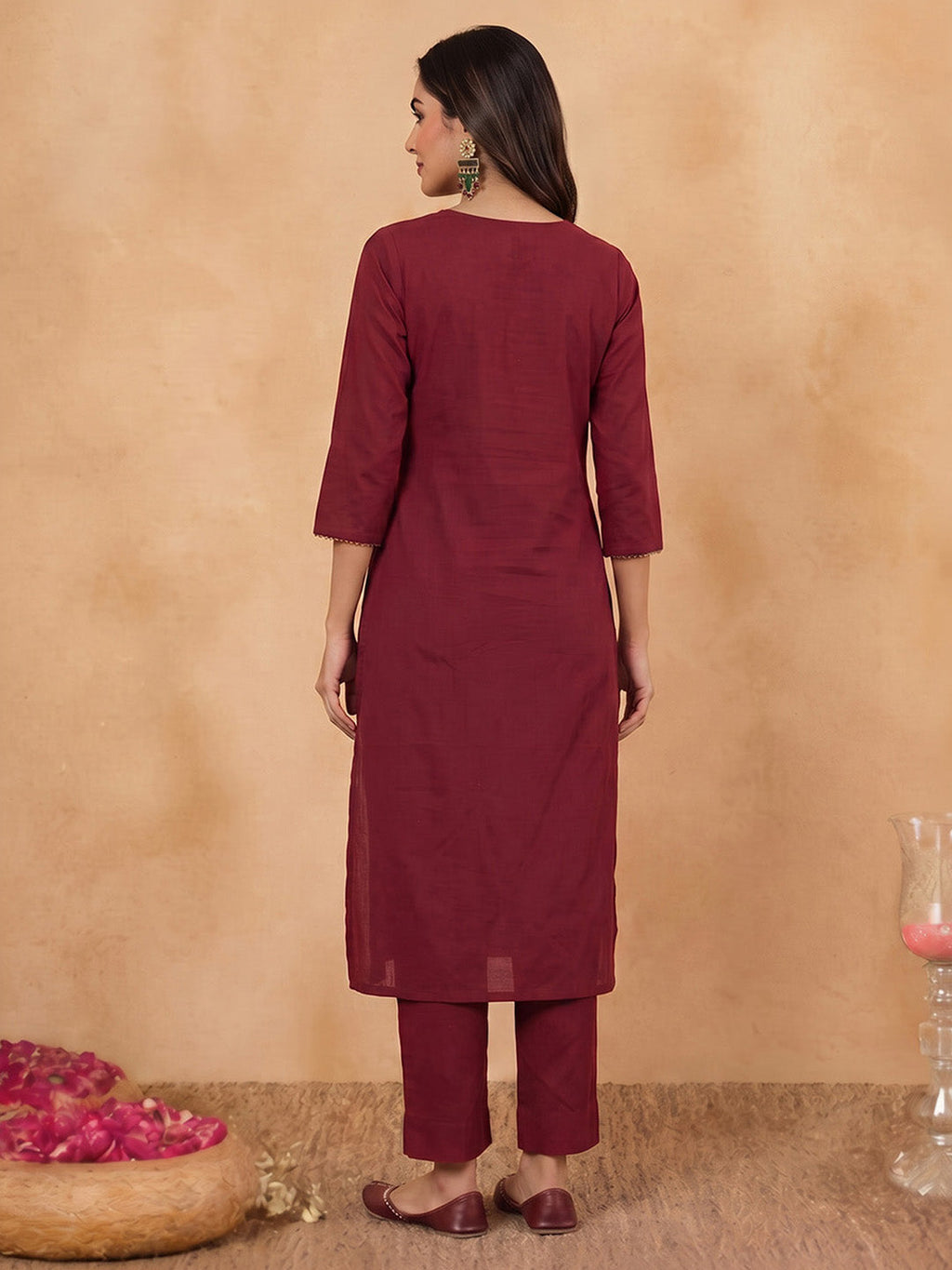 Janasya Maroon Straight Cotton Kurta & Bottom | Grocsy