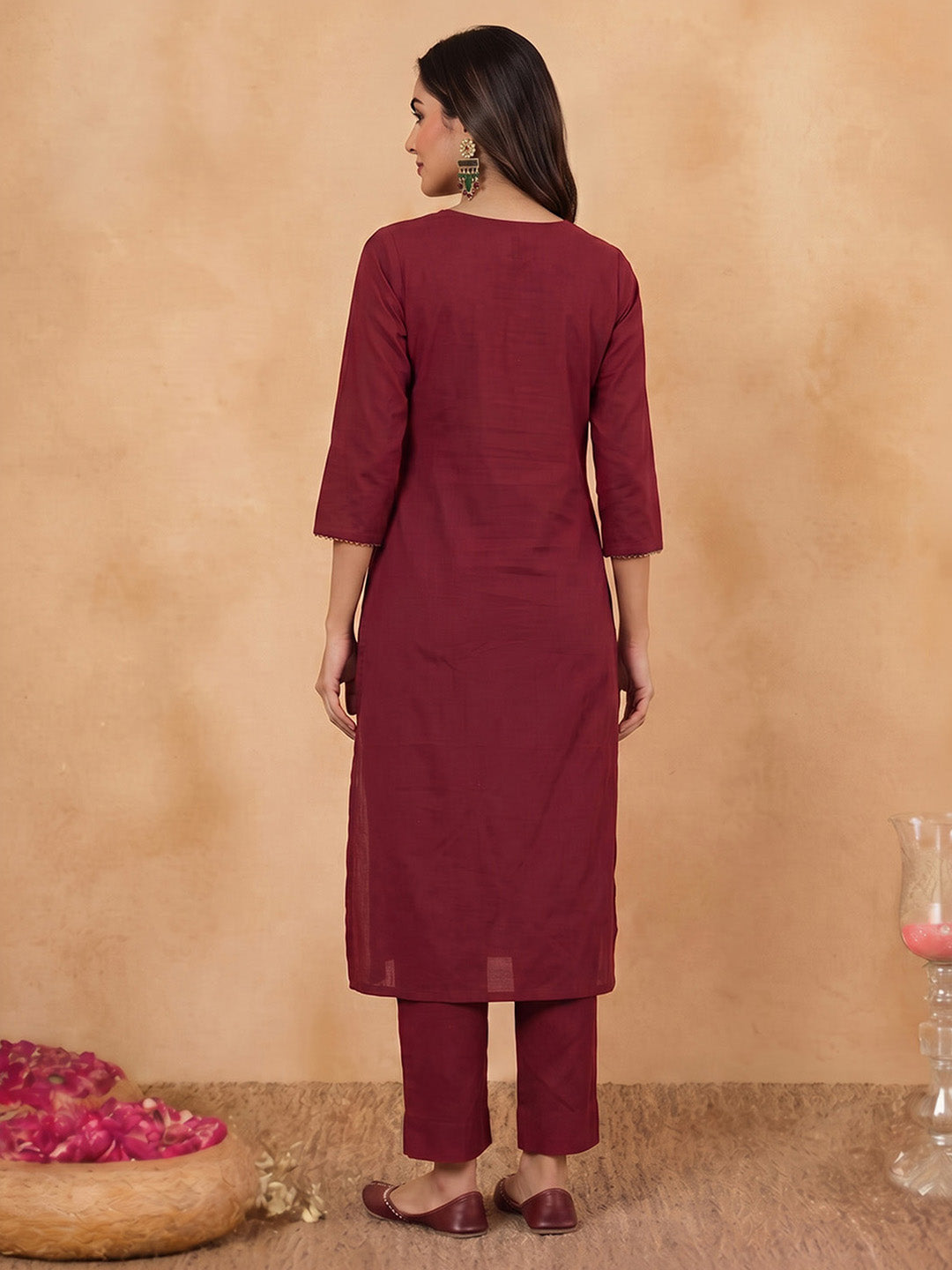 Janasya Maroon Straight Cotton Kurta & Bottom | Grocsy