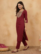 Janasya Maroon Straight Cotton Kurta & Bottom | Grocsy