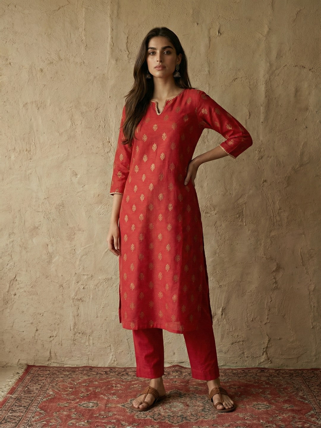 Janasya Red Straight Silk Blend Kurta & Bottom | Grocsy