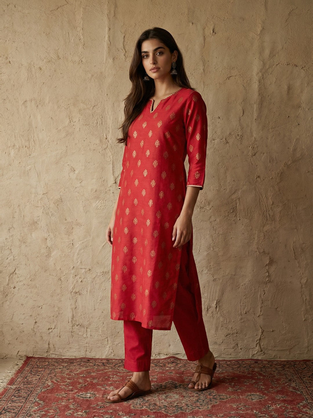 Janasya Red Straight Silk Blend Kurta & Bottom | Grocsy