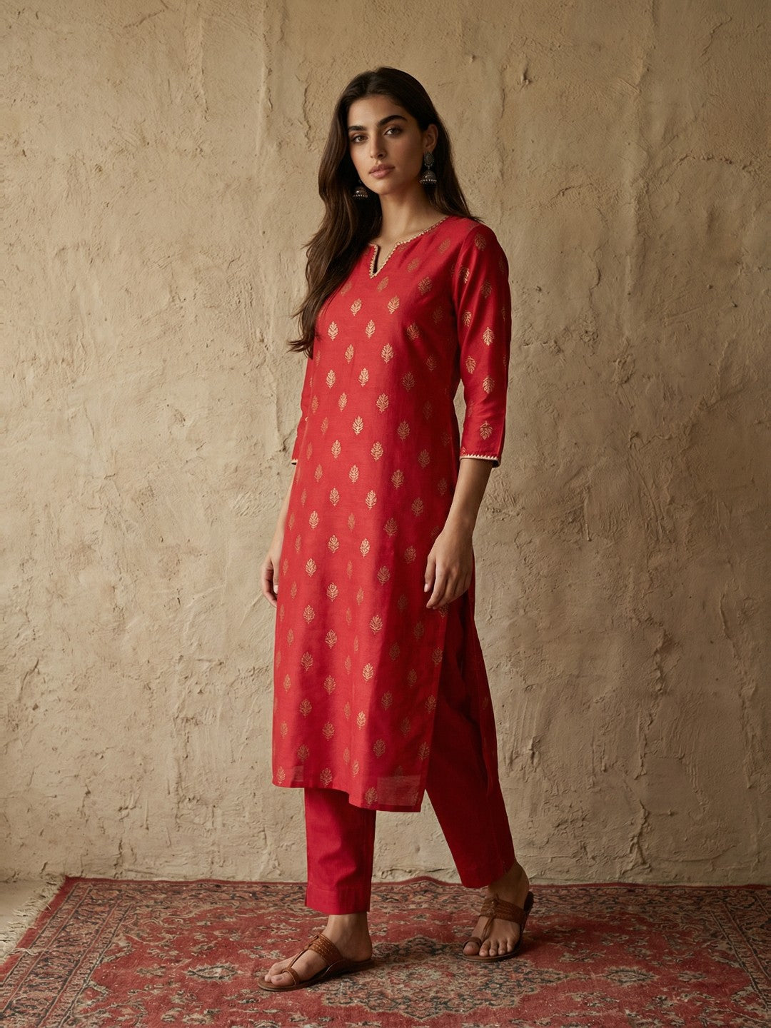 Janasya Red Straight Silk Blend Kurta & Bottom | Grocsy