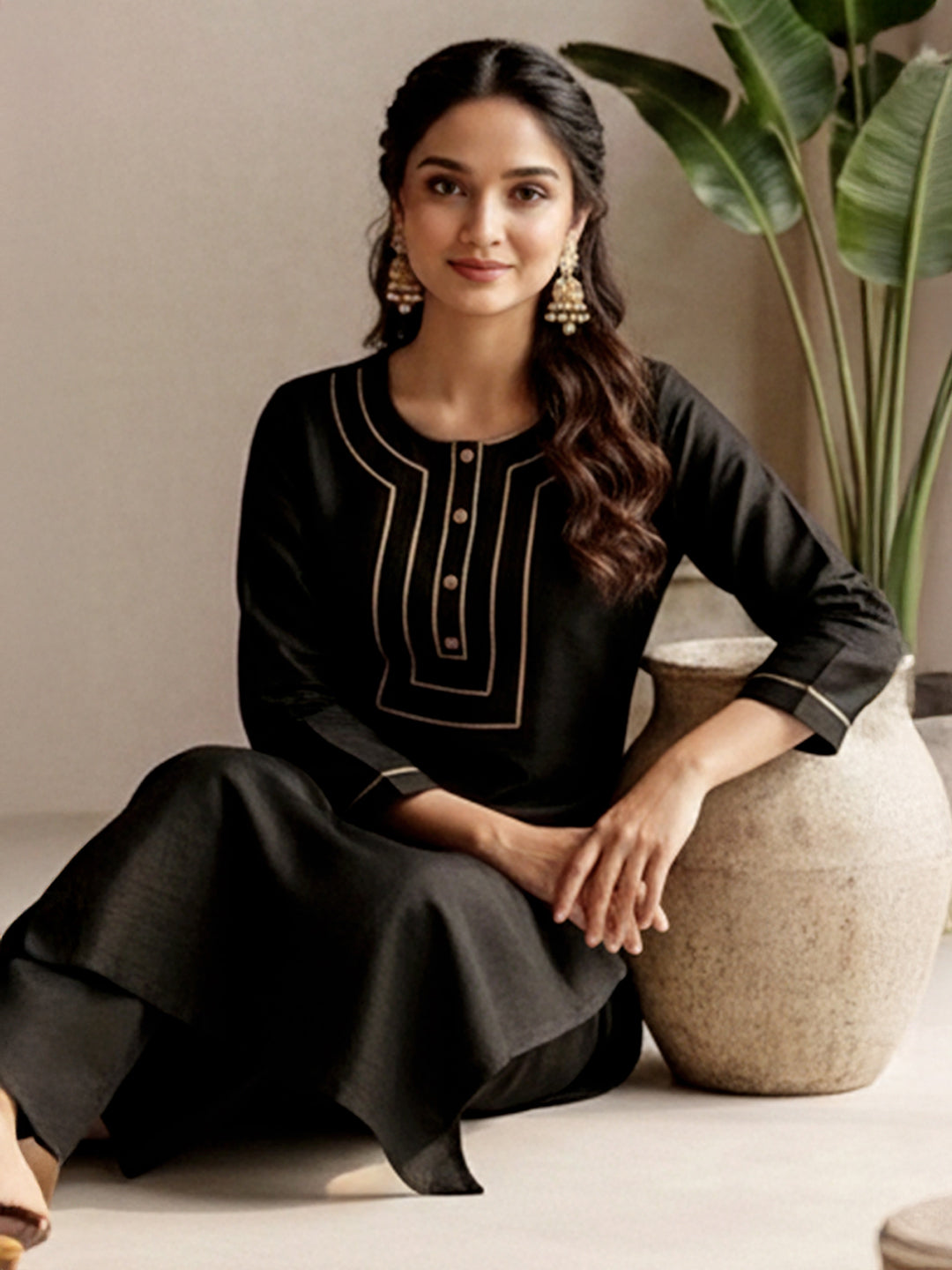 Janasya Black Straight Silk Blend Kurta & Bottom | Grocsy